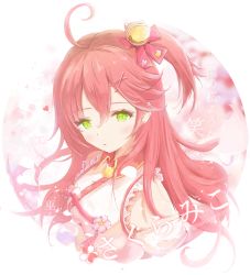 Rule 34 | 1girl, ahoge, bare shoulders, bell, blush, character name, cherry blossom print, cherry blossoms, floral print, frills, green eyes, hair bell, hair between eyes, hair ornament, hairclip, highres, hololive, jerry3912, long hair, nontraditional miko, one side up, petals, pink hair, sakura miko, sakura miko (1st costume), solo, twitter username, upper body, virtual youtuber