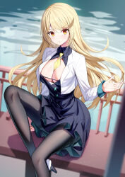 Rule 34 | 1girl, alternate costume, black dress, black footwear, black pantyhose, blonde hair, breasts, cleavage, cleavage cutout, clothing cutout, commentary, cropped jacket, dress, hand up, highres, jacket, knee up, lapels, large breasts, light particles, long hair, long sleeves, looking at viewer, mythra (xenoblade), open mouth, outdoors, pantyhose, parted lips, ririko (zhuoyandesailaer), sitting, sitting on object, solo, v-shaped eyebrows, very long hair, white jacket, xenoblade chronicles (series), xenoblade chronicles 2, yellow eyes