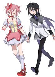 Rule 34 | 2girls, akemi homura, argyle clothes, argyle pantyhose, black hair, black hairband, black pantyhose, bright pupils, chinese commentary, choker, commentary request, corrupted twitter file, dress, gloves, grey sailor collar, hair ribbon, hairband, high heels, highres, holding hands, kaname madoka, long hair, looking at another, magical girl, mahou shoujo madoka magica, molu stranger, multiple girls, neck ribbon, pantyhose, parted lips, pink dress, pink eyes, pink hair, purple eyes, purple ribbon, red choker, red ribbon, ribbon, sailor collar, shirt, short twintails, simple background, smile, soul gem, twintails, white background, white gloves, white pupils, white shirt