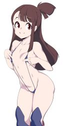 Rule 34 | 1girl, asymmetrical bangs, bad id, bad twitter id, blue one-piece swimsuit, brown hair, collarbone, commentary, english commentary, highres, kagari atsuko, little witch academia, long hair, looking at viewer, one-piece swimsuit, red eyes, simple background, single sidelock, slingshot swimsuit, slugbox, smile, solo, stomach, swimsuit, white background