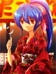 Rule 34 | 1girl, alternate costume, alternate hairstyle, bad id, bad pixiv id, blue hair, broken, commentary request, festival, floral print, hair bobbles, hair ornament, highres, hinanawi tenshi, japanese clothes, kimono, long hair, long sleeves, nekominase, obi, ponytail, red eyes, sash, solo, touhou, very long hair, wide sleeves