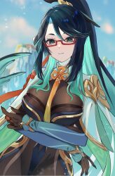 Rule 34 | 1girl, aqua eyes, aqua lips, black hair, bodystocking, breasts, closed mouth, cloud retainer (genshin impact), colored inner hair, crossed arms, earrings, eyeshadow, genshin impact, glasses, gloves, green hair, hair ornament, highres, jewelry, large breasts, long hair, long sleeves, looking at viewer, makeup, multicolored hair, red-framed eyewear, semi-rimless eyewear, smile, solo, tassel, tassel earrings, two-tone hair, very long hair, xianyun (genshin impact), xxchicoxxf