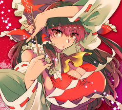 Rule 34 | 1girl, adapted costume, ascot, bad id, bad pixiv id, bow, breasts, brown eyes, brown hair, cleavage, cleavage cutout, clothing cutout, commentary request, detached sleeves, gohei, hair bow, hair tubes, hakurei reimu, huge breasts, looking at viewer, no bra, red background, red bow, ribbon-trimmed sleeves, ribbon trim, shide, sideboob, solo, touhou, wide sleeves, yukataro