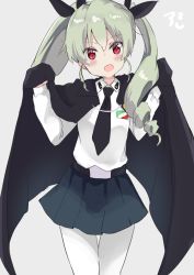 Rule 34 | 1girl, amano kouki, anchovy (girls und panzer), anzio school uniform, artist name, belt, black belt, black cape, black necktie, black ribbon, black skirt, cape, cape hold, commentary, cowboy shot, dress shirt, drill hair, emblem, girls und panzer, green hair, grey background, hair ribbon, highres, long hair, long sleeves, looking at viewer, miniskirt, necktie, one-hour drawing challenge, open mouth, pantyhose, pleated skirt, red eyes, ribbon, school uniform, shirt, signature, skirt, smile, solo, standing, twin drills, twintails, white pantyhose, white shirt