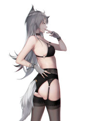 Rule 34 | 1girl, absurdres, animal ears, arknights, armpits, ass, bare arms, bare shoulders, black bra, black choker, black panties, black thighhighs, bra, breasts, choker, cjmy, cowboy shot, finger to mouth, fingerless gloves, from side, garter belt, gloves, grey gloves, grey hair, highres, lappland (arknights), long hair, looking away, panties, simple background, small breasts, solo, standing, string bra, tail, thighhighs, underwear, underwear only, white background, wolf ears, wolf girl, wolf tail, yellow eyes