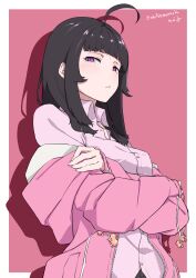 Rule 34 | 1girl, :t, absurdres, ahoge, black hair, blunt bangs, border, breasts, buttons, closed mouth, collared jacket, crossed arms, drawstring, drop shadow, half-closed eyes, heart, highres, hime cut, hood, hoodie, jacket, light frown, long hair, looking at viewer, mbr90munouk, original, outside border, pink background, pink hoodie, pink jacket, pink theme, purple eyes, sidelocks, signature, simple background, small breasts, solo, twitter username, upper body, white border, zipper