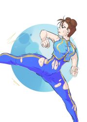 Rule 34 | 1girl, breasts, brown hair, cameltoe, capcom, chun-li, cleft of venus, earrings, female focus, hair bun, highres, jewelry, kicking, leg up, parted lips, profile, single hair bun, solo, spread legs, street fighter, sweat, thick thighs, thighs, torn clothes