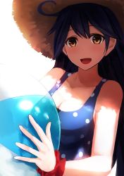 Rule 34 | 10s, 1girl, ahoge, akabane rin, ball, beachball, black hair, breasts, hat, highres, kantai collection, long hair, looking at viewer, polka dot, polka dot swimsuit, scrunchie, simple background, smile, solo, straw hat, swimsuit, upper body, ushio (kancolle), white background, wrist scrunchie, yellow eyes