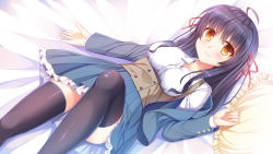 Rule 34 | 1girl, bed sheet, black hair, black thighhighs, blazer, blue jacket, blue skirt, blush, breasts, brown eyes, closed mouth, collarbone, collared shirt, commentary request, dress shirt, feet out of frame, frilled pillow, frilled skirt, frills, hair between eyes, hair ribbon, jacket, long hair, long sleeves, looking at viewer, lying, medium breasts, on back, open clothes, open jacket, original, pillow, pleated skirt, red ribbon, ribbon, shirt, skirt, smile, solo, thighhighs, umitonakai, white shirt