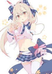 Rule 34 | 1girl, :o, absurdres, anchor ornament, ayanami (azur lane), ayanami (low-key idol @confused) (azur lane), azur lane, bare shoulders, blonde hair, blue bow, blue skirt, blush, bow, breasts, buttons, collared shirt, commentary request, crop top, detached sleeves, double-breasted, frilled skirt, frilled sleeves, frills, hair between eyes, hair bow, hands up, headgear, heart, heart hands, highres, idol, kaguya twin, long hair, looking at viewer, medium breasts, midriff, miniskirt, navel, orange eyes, plaid, plaid bow, plaid skirt, pleated skirt, ponytail, shirt, skindentation, skirt, solo, standing, standing on one leg, thighhighs, very long hair, white shirt, wide sleeves
