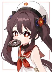 Rule 34 | 1girl, aged down, blush, bow, brown hair, doughnut, food, food in mouth, genshin impact, hair bow, hair intakes, hat, hu tao (autumn pop-up store) (genshin impact), hu tao (genshin impact), long hair, looking at viewer, miyako draw, sailor collar, sidelocks, sleeveless, solo, symbol-shaped pupils, twintails, very long hair, white background