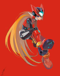 Rule 34 | 1boy, android, blonde hair, blue eyes, capcom, full body, helmet, highres, joints, long hair, male focus, mega man (series), mega man zero (series), red background, red footwear, robot joints, signature, simple background, sitting, solo, sumomo, very long hair, zero(z) (mega man), zero (mega man)