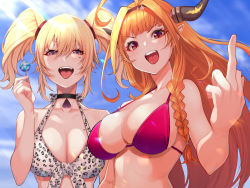 Rule 34 | 2girls, :d, ahoge, bare shoulders, black choker, blonde hair, breasts, candy, choker, cleavage, coco kaine, day, dragon horns, food, hairband, holding, holding food, hololive, horns, kiryu coco, large breasts, lollipop, long hair, looking at viewer, middle finger, mikan (chipstar182), mole, mole on breast, mole under eye, multicolored hair, multiple girls, open mouth, orange hair, outdoors, pointy ears, purple eyes, red eyes, smile, tongue, tongue out, twintails, virtual youtuber