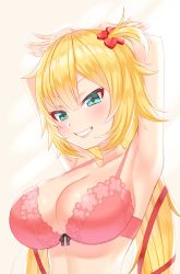 Rule 34 | (tat), 1girl, :d, absurdres, akai haato, armpits, arms up, blonde hair, blue eyes, bra, breasts, cleavage, grin, hair ornament, hair ribbon, heart, heart hair ornament, highres, hololive, large breasts, long hair, open mouth, pink bra, ribbon, smile, solo, underwear, virtual youtuber