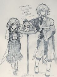 Rule 34 | 1boy, 2girls, absurdres, bow, carbohydrate (asta4282), character name, closed mouth, collared shirt, disembodied head, english text, full body, greyscale, hair bow, highres, holding, holding umbrella, kazami yuuka, looking at another, monochrome, morichika rinnosuke, multiple girls, musical note, one-hour drawing challenge, open mouth, plaid, plaid vest, sekibanki, semi-rimless eyewear, shirt, short hair, smile, standing, touhou, traditional media, umbrella, under-rim eyewear, vest
