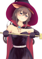 Rule 34 | 1girl, bare shoulders, belt, black cape, black dress, black gloves, black hat, blue eyes, blush, breasts, broom, brown hair, cape, commentary request, cowboy shot, culter, dress, elbow gloves, gloves, grin, hair between eyes, hair ribbon, hat, head tilt, highres, holding, holding broom, long hair, looking at viewer, orange ribbon, original, ribbon, simple background, small breasts, smile, solo, standing, strapless, strapless dress, white background, white belt, witch hat