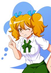 Rule 34 | 1980s (style), 1girl, apple paradise, asagaoka eriko, blonde hair, blue ribbon, bow, bowtie, breasts, collared shirt, commentary request, grin, hair ribbon, hand on own hip, highres, medium hair, oldschool, one eye closed, parted lips, pocket, pointing, red bow, red bowtie, red skirt, retro artstyle, ribbon, shirt, skirt, small breasts, smile, solo, two side up, white shirt, yellow eyes, yoshimi mizunoe