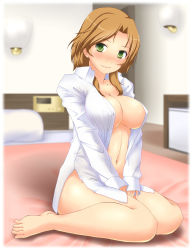 Rule 34 | 1girl, barefoot, bed, blush, bottomless, breasts, cleavage, covering privates, covering crotch, dream c club, dream c club (series), dress shirt, full body, futaba riho, green eyes, highres, indoors, large breasts, legs, light brown hair, light smile, naked shirt, navel, open clothes, open shirt, shirt, sitting, solo, twinpon, wariza