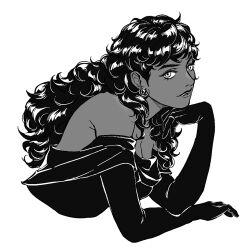 Rule 34 | 1girl, bare shoulders, breasts, cleavage, closed mouth, cropped torso, curly hair, dark-skinned female, dark skin, dd00 02, dungeon meshi, earrings, elbow gloves, eyelashes, from side, genderswap, genderswap (mtf), gloves, greyscale, hand up, head rest, jewelry, kabru, korean commentary, leaning forward, lipstick, long hair, looking at viewer, makeup, medium breasts, monochrome, off shoulder, ring, sideways glance, simple background, smile, solo