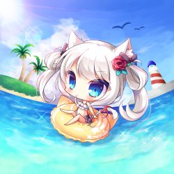 Rule 34 | 1girl, :&lt;, animal ears, azur lane, bare legs, barefoot, bell, big head, bikini, bird, black bow, blue eyes, blue sky, blush, bow, cat ears, cat girl, cat tail, chibi, closed mouth, cloud, commentary request, day, fisheye, flower, full body, hair between eyes, hair bow, hair flower, hair ornament, hair rings, hammann (azur lane), hammann (rebellious summer) (azur lane), hand up, highres, innertube, island, jingle bell, lighthouse, long hair, looking at viewer, ocean, outdoors, palm tree, red bow, red flower, red rose, rose, ryuuka sane, silver hair, sky, solo, sun, sunlight, swim ring, swimsuit, tail, tail bell, tail bow, tail ornament, tree, twintails, water, white bikini