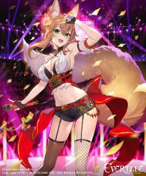 Rule 34 | 1girl, 2022, absurdres, animal ears, arm at side, arm up, artist name, blonde hair, breasts, cleavage, company name, copyright notice, crop top, evertale, fishnets, fox ears, fox girl, fox tail, garter straps, green eyes, hair between eyes, highres, holding, holding microphone, idol, idol clothes, large breasts, medium hair, microphone, mysha, navel, official art, open mouth, shorts, sidelocks, smile, solo, stage, stage lights, standing, tail, teffish, thighhighs, thighs