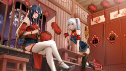 Rule 34 | 2girls, :d, :o, absurdres, ahoge, ankle bell, anklet, bare shoulders, bell, bili girl 22, bili girl 33, bilibili, black thighhighs, blue dress, blue footwear, blue hair, bracelet, breasts, calligraphy brush, chest cutout, china dress, chinese clothes, chinese knot, chinese new year, chinese zodiac, corn, crossed legs, detached sleeves, dress, fireworks, foot out of frame, freeze (867139), fur-trimmed footwear, fur trim, hair bell, hair ornament, hair ribbon, hand on table, high heels, highres, holding, holding brush, holding lantern, indoors, jewelry, lantern, lightning ahoge, long hair, looking at another, medium breasts, multiple girls, night, night sky, official art, on one knee, open mouth, paintbrush, pelvic curtain, red dress, red eyes, red ribbon, ribbon, short hair, short sleeves, siblings, side ponytail, sideboob, sisters, sitting, sky, small breasts, smile, stuffed animal, stuffed tiger, stuffed toy, thighhighs, two-tone dress, white hair, white thighhighs, year of the tiger