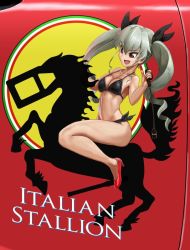 Rule 34 | 10s, 1girl, abazu-red, anchovy (girls und panzer), bikini, black ribbon, breasts, cleavage, commentary request, decal, drill hair, english text, flag print, girls und panzer, green hair, hair ribbon, high heels, horse, italian flag, long hair, medium breasts, open mouth, red background, red eyes, red footwear, ribbon, riding, riding crop, shoes, side-tie bikini bottom, silhouette, sitting, smile, solo, swimsuit, twin drills, twintails