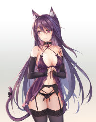 Rule 34 | 1girl, animal ear fluff, animal ears, arknights, black panties, bow, breasts, bridal gauntlets, cat ears, cat tail, cleavage, collar, cowboy shot, embarrassed, garter belt, hair between eyes, halterneck, highres, lingerie, lock, long hair, looking at viewer, material growth, melantha (arknights), negligee, oripathy lesion (arknights), padlock, padlocked collar, panties, pink eyes, purple hair, purple thighhighs, sidelocks, solo, tail, tail bow, tail ornament, thighhighs, underwear, underwear only, yuemanhuaikong