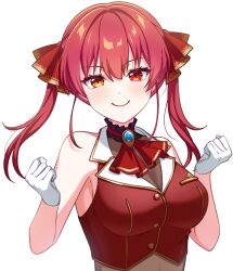Rule 34 | 1girl, breasts, closed mouth, crop top, gloves, hair ornament, heterochromia, highres, hololive, houshou marine, jewelry, long hair, medium breasts, pochimaru (marumaru wanwan), red eyes, red hair, red shirt, shirt, smile, twintails, virtual youtuber, white gloves, yellow eyes