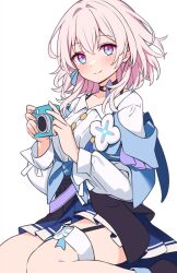 Rule 34 | 1girl, artist name, black footwear, black gloves, blue eyes, blue skirt, breasts, camera, closed mouth, collared shirt, commentary, dress shirt, english commentary, full body, gloves, hair between eyes, highres, hitsukuya, holding, holding camera, honkai: star rail, honkai (series), jacket, long sleeves, looking at viewer, march 7th (honkai: star rail), medium breasts, partially fingerless gloves, pink hair, pleated skirt, purple eyes, shirt, shoes, single glove, skirt, smile, solo, tied jacket, white shirt