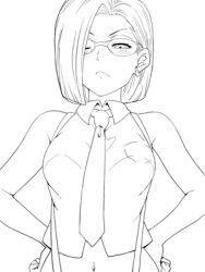 Rule 34 | 1girl, android 18, blouse, breasts, closed mouth, collared shirt, dragon ball, dragonball z, earrings, glasses, greyscale, hairu, hands on own hips, jewelry, looking at viewer, lowres, monochrome, navel, necktie, shirt, short hair, simple background, sleeveless, sleeveless shirt, solo, suspenders, white background