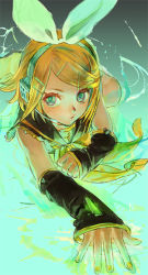 Rule 34 | 1girl, blonde hair, detached sleeves, headphones, kagamine rin, lying, na2, nail polish, on stomach, solo, vocaloid, yellow nails