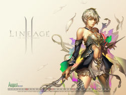 Rule 34 | 1girl, blonde hair, calendar, copyright name, highres, human (lineage 2), lineage, lineage 2, midriff, skirt, solo, staff, thighhighs