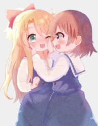 Rule 34 | 2girls, :3, blonde hair, blue background, blue dress, bow, brown hair, child, dress, fang, green eyes, hair bow, hands on another&#039;s cheeks, hands on another&#039;s face, himesaka noa, hoshino hinata, long hair, looking at another, multiple girls, open mouth, red bow, sailor collar, short hair, simple background, watashi ni tenshi ga maiorita!, white sailor collar, white sleeves, xhfn4743