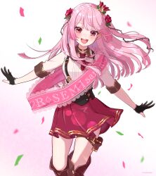 Rule 34 | 1girl, ascot, black gloves, boots, brown choker, brown footwear, choker, collared shirt, confetti, crown, flower, gloves, hair flower, hair ornament, highres, long hair, mini crown, mugimugigo, nijisanji, nijisanji en, open mouth, partially fingerless gloves, pink hair, pink sash, pouch, red ascot, red eyes, red flower, red skirt, rosemi lovelock, rosemi lovelock (2nd costume), sash, shirt, skirt, smile, solo, suspenders, teeth, thigh boots, thigh pouch, thigh strap, twitter username, underbust, upper teeth only, virtual youtuber, white shirt
