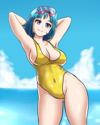 Rule 34 | 1girl, artist request, blue eyes, blue hair, breasts, cleavage, cowboy shot, dragon ball, dragonball z, female focus, highleg, highleg swimsuit, highres, large breasts, long hair, looking at viewer, maron (dragon ball), matching hair/eyes, ocean, one-piece swimsuit, sky, smile, solo, swimsuit, water, yellow one-piece swimsuit