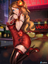 Rule 34 | 1girl, blue eyes, bracelet, breasts, brown hair, cleavage, dress, fingernails, flower, furyou michi ~gang road~, hair flower, hair ornament, high heels, highres, jewelry, leg up, lips, long hair, nail polish, nal (nal&#039;s pudding), necklace, original, red dress, red skirt, shoes, skirt, smile, solo, striped clothes, striped thighhighs, thighhighs, vertical-striped clothes, vertical-striped thighhighs, watermark