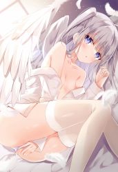 Rule 34 | 1girl, absurdres, angel wings, arm between legs, ass, collarbone, collared shirt, dress shirt, feathered wings, feathers, flat chest, grey hair, highres, hoshi (snacherubi), long hair, long sleeves, looking at viewer, lying, no bra, non-web source, on side, original, panties, parted lips, purple eyes, shirt, solo, thighhighs, thighs, thong, twintails, underwear, wardrobe malfunction, white panties, white shirt, wings