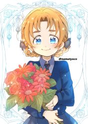 Rule 34 | 1girl, black bow, black necktie, blue eyes, blue skirt, blue sweater, blush, bouquet, bow, braid, closed mouth, commentary, dress shirt, flower, girls und panzer, hair bow, highres, holding, holding bouquet, light blush, long sleeves, looking at viewer, namatyoco, necktie, orange hair, orange pekoe (girls und panzer), parted bangs, pleated skirt, red flower, red rose, rose, school uniform, shirt, short hair, skirt, smile, solo, sparkle, st. gloriana&#039;s school uniform, standing, sweater, twin braids, twitter username, upper body, v-neck, white shirt, wing collar