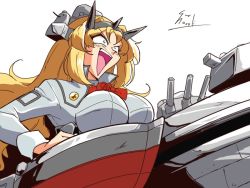 Rule 34 | 1990s (style), 1girl, blonde hair, blue eyes, breasts, choroli (chorolin), flower, headgear, kantai collection, large breasts, long hair, long sleeves, machinery, military, military uniform, nelson (kancolle), open mouth, parody, red flower, red rose, retro artstyle, rose, signature, simple background, solo, style parody, uniform, upper body, white background