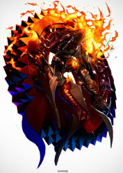Rule 34 | 1boy, armor, artist name, ashwatthama (fate), ashwatthama (second ascension) (fate), boots, chakram, fate/grand order, fate (series), fiery hair, fire, glowing, glowing eyes, k-suwabe, male focus, solo, weapon, wheel, white background