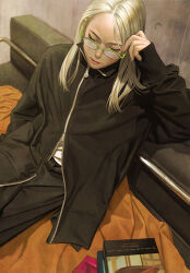 1girl adjusting_eyewear black_jacket black_pants blonde_hair book closed_eyes commentary_request expressionless glasses jacket long_hair murata_range original pants sitting sleeves_past_wrists solo