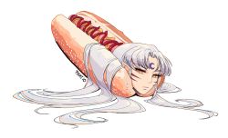 Rule 34 | 1girl, artist name, commentary, english commentary, foodification, hot dog, hot dog bun, inuyasha, ketchup, long hair, moon, mustard, pikat, pointy ears, sesshoumaru, simple background, solo, tagme, white background, white hair, yellow eyes