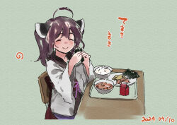 Rule 34 | 1girl, ^ ^, ahoge, blush, bowl, brown hair, chair, closed eyes, closed mouth, commentary request, dated, facing viewer, food, food request, green background, headgear, holding, holding food, japanese clothes, kimono, lamb (hitsujiniku), long sleeves, obi, on chair, plate, purple skirt, rice, sash, sitting, skirt, smile, solo, table, touhoku kiritan, translation request, twintails, voiceroid, white kimono, wide sleeves