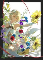 Rule 34 | 1girl, ahoge, arm armor, arm up, bare shoulders, black border, blonde hair, blue flower, boots, border, breasts, brown eyes, brown gloves, buri (retty9349), closed mouth, corrupted twitter file, daisy, detached sleeves, dress, flower, genshin impact, gloves, grey dress, grey flower, grey footwear, hair between eyes, hair flower, hair ornament, hand on own chest, hands up, highres, leaf, lily (flower), long sleeves, looking to the side, lumine (genshin impact), medium breasts, morning glory, multicolored flower, outside border, petals, pink flower, pink rose, pointing, poppy (flower), purple flower, red flower, rose, short hair, short hair with long locks, sidelocks, simple background, sleeveless, sleeveless dress, smile, solo, standing, sunflower, tape, teeth, white background, white flower, yellow flower