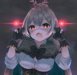 Rule 34 | 1girl, blush, breasts, brown hair, claw pose, cleavage, cleavage cutout, cloak, clothing cutout, dark background, fang, feather hair ornament, feathers, gao, gloves, glowing, glowing eyes, hair ornament, hands up, highres, hololive, hololive english, long hair, looking at viewer, loose clothes, magaqq123, medium breasts, nanashi mumei, open mouth, owl girl, puffy sleeves, shaded face, skin fang, very long hair, virtual youtuber
