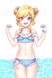 Rule 34 | 1girl, absurdres, bare shoulders, bikini, blonde hair, blue bikini, blue eyes, blue flower, blue nails, blush, breasts, collarbone, commentary request, cookiegoon, double bun, flower, hair bun, hair flower, hair ornament, highres, idolmaster, idolmaster cinderella girls, idolmaster cinderella girls starlight stage, long hair, looking at viewer, medium breasts, nail polish, navel, ohtsuki yui, open mouth, smile, solo, swimsuit, white flower