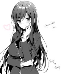 Rule 34 | 1girl, black hair, blush, breasts, character name, emily (pure dream), hair ornament, hairclip, hand on own face, heart, large breasts, long sleeves, looking at viewer, monochrome, omaezaki yuu, school uniform, shirt, simple background, smile, study steady, upper body, white background
