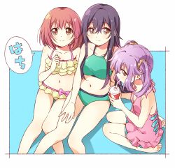 Rule 34 | 10s, 3girls, bikini, black hair, brown eyes, commentary request, cup, disposable cup, drinking, drinking straw, hair between eyes, highres, ishikawa goe, long hair, looking at viewer, minamoto momo, multiple girls, namori, navel, official art, one-piece swimsuit, purple hair, red hair, release the spyce, sagami fuu, short hair, sitting, swimsuit, translation request, twintails, wariza