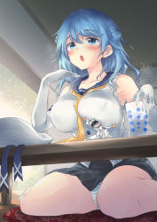 Rule 34 | 1boy, 1girl, admiral (kancolle), architecture, blue eyes, blue hair, blush, breast hold, breasts, commission, double bun, east asian architecture, elbow gloves, glass, gloves, hair bun, hair ribbon, hat, highres, hot, ice, indoors, kantai collection, large breasts, military, military hat, military uniform, mini person, miniboy, mizuki takehito, naval uniform, neckerchief, open door, open mouth, panties, peaked cap, pleated skirt, ribbon, sailor hat, school uniform, serafuku, sitting, size difference, skeb commission, skirt, sleeves rolled up, sliding doors, socks, striped clothes, striped panties, table, tatami, underwear, uniform, unworn hat, unworn headwear, urakaze (kancolle), water, white gloves, white headwear, white legwear, wooden floor, yellow neckerchief